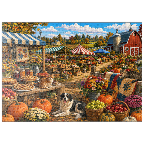 Darstellung des Puzzle Motivs Vormittag auf dem Bauernmarkt der Kreisausstellung puzzleplate County Fair Farmers Market Morning 500 Puzzle