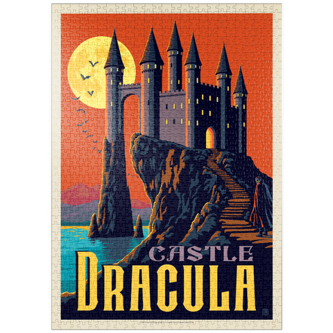Darstellung des Puzzle Motivs Dracula-Schloss – Ein gotischer Krimi im Mondschein puzzleplate Castle Dracula Moonlit Gothic Mystery 1000 Puzzle