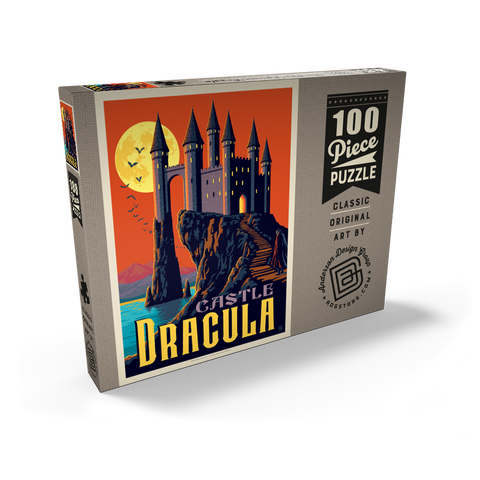 Darstellung des Puzzle Motivs Dracula-Schloss – Ein gotischer Krimi im Mondschein Castle Dracula Moonlit Gothic Mystery 100 Puzzle Schachtel Ansicht2