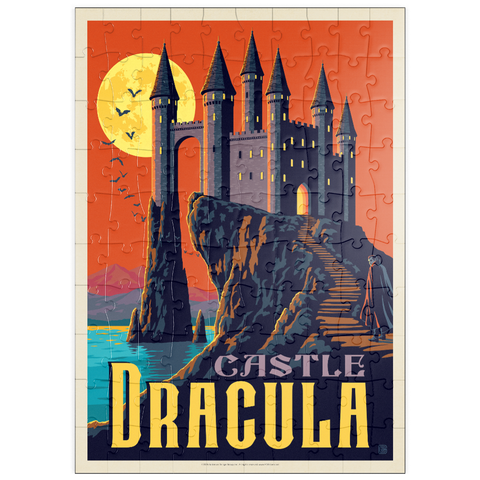 Darstellung des Puzzle Motivs Dracula-Schloss – Ein gotischer Krimi im Mondschein puzzleplate Castle Dracula Moonlit Gothic Mystery 100 Puzzle