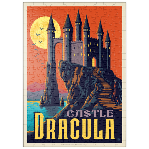 Darstellung des Puzzle Motivs Dracula-Schloss – Ein gotischer Krimi im Mondschein puzzleplate Castle Dracula Moonlit Gothic Mystery 200 Puzzle