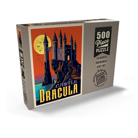 Darstellung des Puzzle Motivs Dracula-Schloss – Ein gotischer Krimi im Mondschein Castle Dracula Moonlit Gothic Mystery 500 Puzzle Schachtel Ansicht2