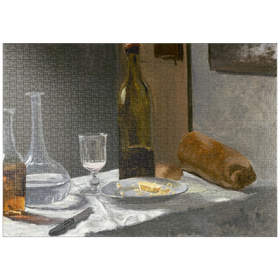 Darstellung des Puzzle Motivs Still Life with Bottle, Carafe, Bread, and Wine (1862-1863) by Claude Monet - Puzzleteile: 1000