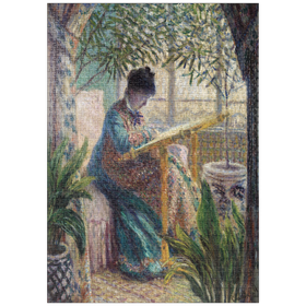 Darstellung des Puzzle-Motivs Madame Monet Embroidering (1875) by Claude Monet – Puzzleteile: 1000