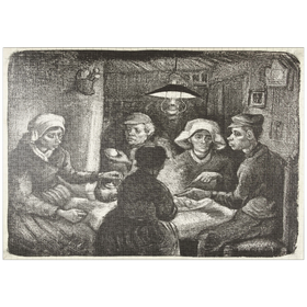 Darstellung des Puzzle-Motivs Composition lithograph of The Potato Eaters (De aardappeleters, 1885) by Vincent van Gogh – Puzzleteile: 1000
