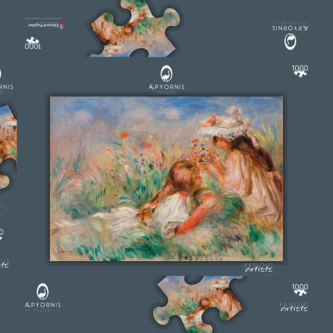 Girls in the Grass Arranging a Bouquet (Fillette couchée sur l'herbe et jeune fille arrangeant un bouquet) (1890) by Pierre-Auguste Renoir 1000 Puzzle Schachtel 3D Modell
