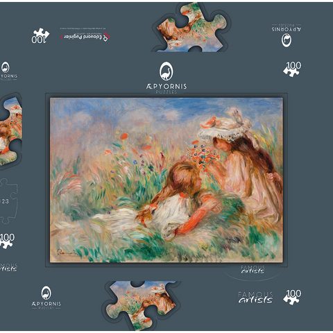Girls in the Grass Arranging a Bouquet (Fillette couchée sur l'herbe et jeune fille arrangeant un bouquet) (1890) by Pierre-Auguste Renoir 100 Puzzle Schachtel 3D Modell