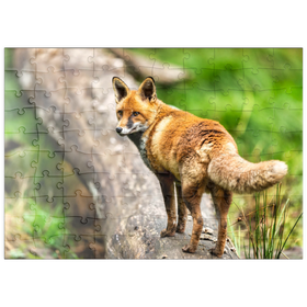 Darstellung des Puzzle Motivs Rotfuchs im Herbst-Wald auf einem Baumstamm - Puzzleteile: 100