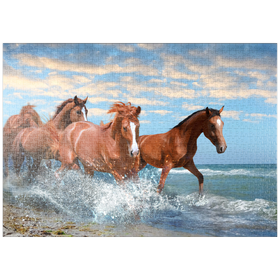 Darstellung des Puzzle-Motivs Schöne Pferde laufen am Strand durch das Meer – Puzzleteile: 1000