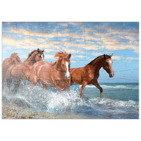 Darstellung des Puzzle-Motivs Schöne Pferde laufen am Strand durch das Meer – Puzzleteile: 100