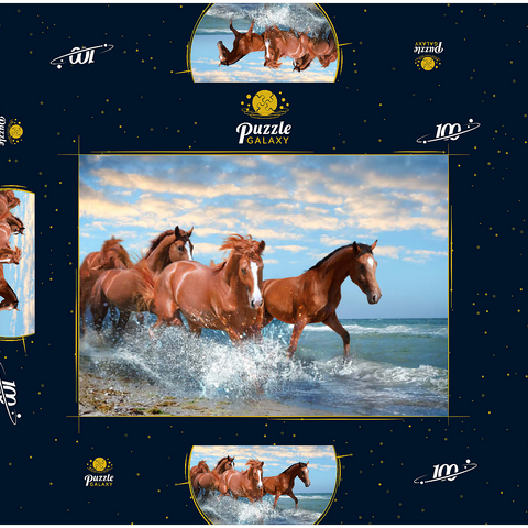 Schöne Pferde laufen am Strand durch das Meer 100 Puzzle Schachtel 3D Modell