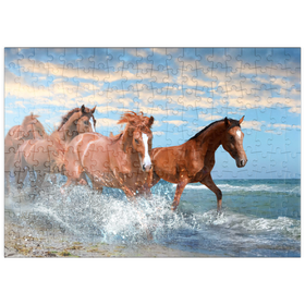 Darstellung des Puzzle-Motivs Schöne Pferde laufen am Strand durch das Meer – Puzzleteile: 200