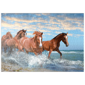 Darstellung des Puzzle-Motivs Schöne Pferde laufen am Strand durch das Meer – Puzzleteile: 500