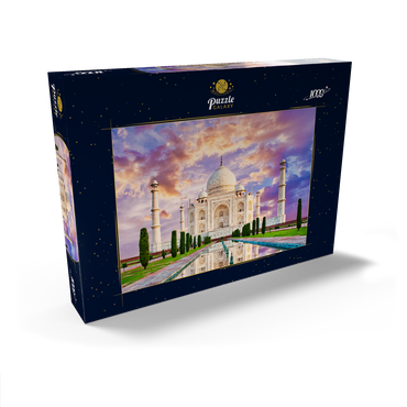 Erstaunlicher Blick auf das Taj Mahal im Licht des Sonnenuntergangs mit Spiegelung im Wasser 1000 Puzzle Schachtel Ansicht2