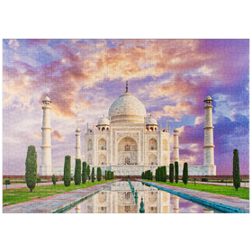 Darstellung des Puzzle-Motivs Blick auf das Taj Mahal im Licht des Sonnenuntergangs mit Spiegelung im Wasser – Puzzleteile: 1000