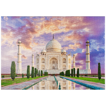 puzzleplate Erstaunlicher Blick auf das Taj Mahal im Licht des Sonnenuntergangs mit Spiegelung im Wasser 1000 Puzzle