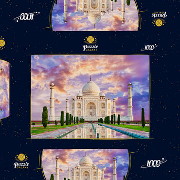 Erstaunlicher Blick auf das Taj Mahal im Licht des Sonnenuntergangs mit Spiegelung im Wasser 1000 Puzzle Schachtel 3D Modell