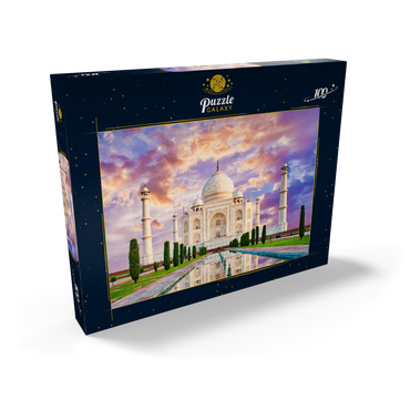Erstaunlicher Blick auf das Taj Mahal im Licht des Sonnenuntergangs mit Spiegelung im Wasser 100 Puzzle Schachtel Ansicht2