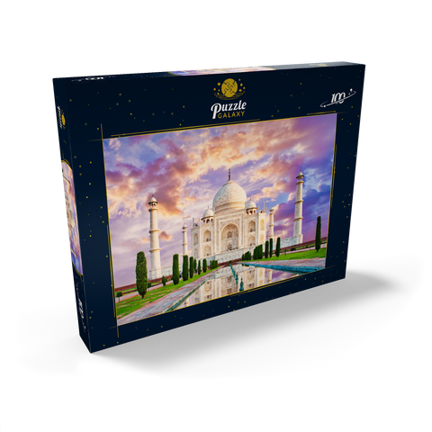 Erstaunlicher Blick auf das Taj Mahal im Licht des Sonnenuntergangs mit Spiegelung im Wasser 100 Puzzle Schachtel Ansicht2