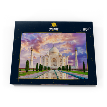 Erstaunlicher Blick auf das Taj Mahal im Licht des Sonnenuntergangs mit Spiegelung im Wasser 100 Puzzle Schachtel Ansicht3