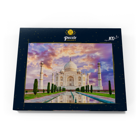 Erstaunlicher Blick auf das Taj Mahal im Licht des Sonnenuntergangs mit Spiegelung im Wasser 100 Puzzle Schachtel Ansicht3