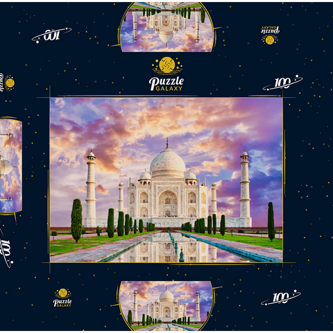 Erstaunlicher Blick auf das Taj Mahal im Licht des Sonnenuntergangs mit Spiegelung im Wasser 100 Puzzle Schachtel 3D Modell