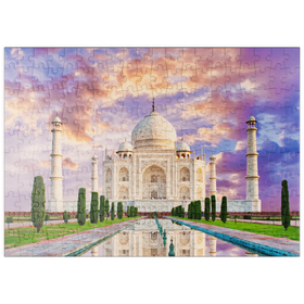 Darstellung des Puzzle-Motivs Blick auf das Taj Mahal im Licht des Sonnenuntergangs mit Spiegelung im Wasser – Puzzleteile: 200