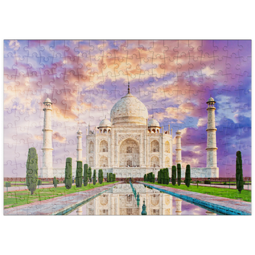 puzzleplate Erstaunlicher Blick auf das Taj Mahal im Licht des Sonnenuntergangs mit Spiegelung im Wasser 200 Puzzle