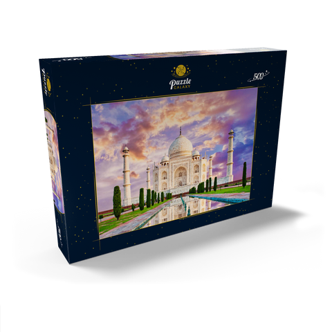 Erstaunlicher Blick auf das Taj Mahal im Licht des Sonnenuntergangs mit Spiegelung im Wasser 500 Puzzle Schachtel Ansicht2