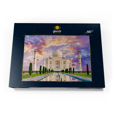 Erstaunlicher Blick auf das Taj Mahal im Licht des Sonnenuntergangs mit Spiegelung im Wasser 500 Puzzle Schachtel Ansicht3