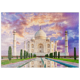 Darstellung des Puzzle-Motivs Blick auf das Taj Mahal im Licht des Sonnenuntergangs mit Spiegelung im Wasser – Puzzleteile: 500