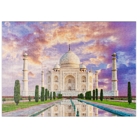 puzzleplate Erstaunlicher Blick auf das Taj Mahal im Licht des Sonnenuntergangs mit Spiegelung im Wasser 500 Puzzle