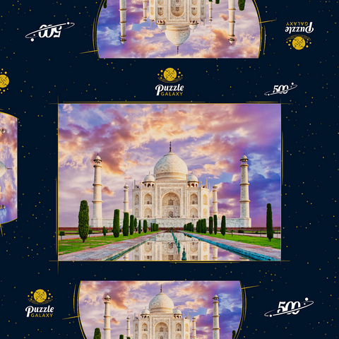 Erstaunlicher Blick auf das Taj Mahal im Licht des Sonnenuntergangs mit Spiegelung im Wasser 500 Puzzle Schachtel 3D Modell