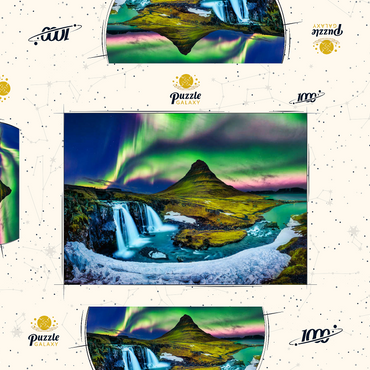 Nordlicht, Aurora borealis bei Kirkjufell in Island 1000 Puzzle Schachtel 3D Modell
