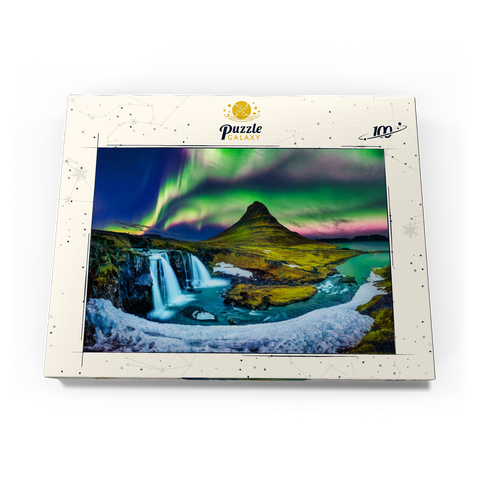 Nordlicht, Aurora borealis bei Kirkjufell in Island 100 Puzzle Schachtel Ansicht3