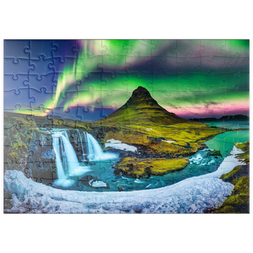 puzzleplate Nordlicht, Aurora borealis bei Kirkjufell in Island 100 Puzzle