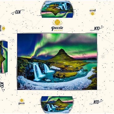 Nordlicht, Aurora borealis bei Kirkjufell in Island 100 Puzzle Schachtel 3D Modell