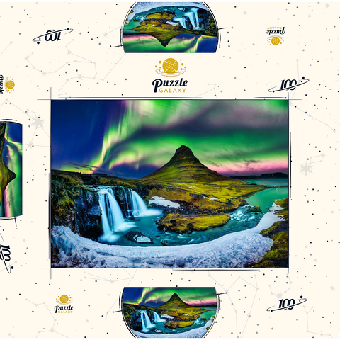 Nordlicht, Aurora borealis bei Kirkjufell in Island 100 Puzzle Schachtel 3D Modell