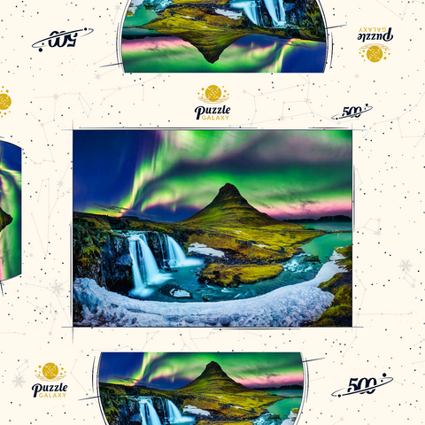 Nordlicht, Aurora borealis bei Kirkjufell in Island 500 Puzzle Schachtel 3D Modell