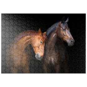 Darstellung des Puzzle-Motivs Zwei Pferde vor schwarzem Hintergrund – Puzzleteile: 200