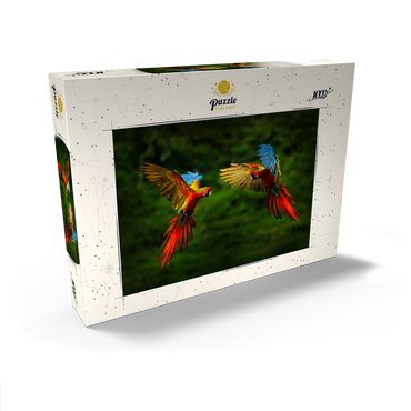 Papageien im Wald, Papagei fliegt in dunkelgrüner Vegetation 1000 Puzzle Schachtel Ansicht2