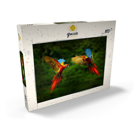 Papageien im Wald, Papagei fliegt in dunkelgrüner Vegetation 100 Puzzle Schachtel Ansicht2