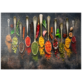 Darstellung des Puzzle Motivs Sortiment an natürlichen Gewürzen auf Vintage-Löffeln - Puzzleteile: 1000