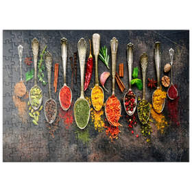 Darstellung des Puzzle Motivs Sortiment an natürlichen Gewürzen auf Vintage-Löffeln - Puzzleteile: 200