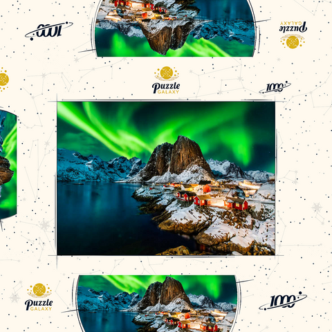 Aurora borealis über Hamnoy in Norwegen 1000 Puzzle Schachtel 3D Modell