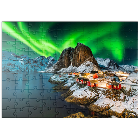 Darstellung des Puzzle-Motivs Aurora Borealis über Hamnoy in Norwegen – Puzzleteile: 100
