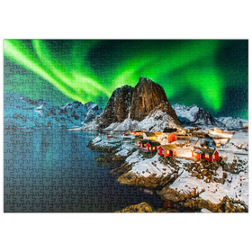 Darstellung des Puzzle-Motivs Aurora Borealis über Hamnoy in Norwegen – Puzzleteile: 500