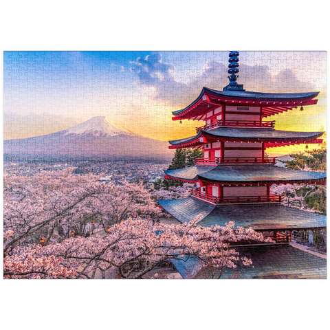 puzzleplate Schöne Sicht auf den Berg Fuji und Chureito Pagoda bei Sonnenuntergang 1000 Puzzle