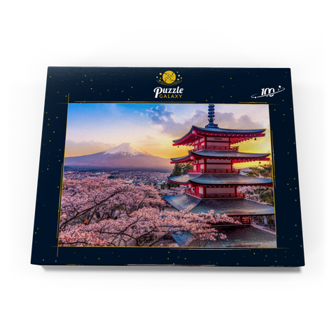 Schöne Sicht auf den Berg Fuji und Chureito Pagoda bei Sonnenuntergang 100 Puzzle Schachtel Ansicht3