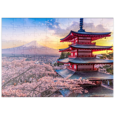 puzzleplate Schöne Sicht auf den Berg Fuji und Chureito Pagoda bei Sonnenuntergang 100 Puzzle